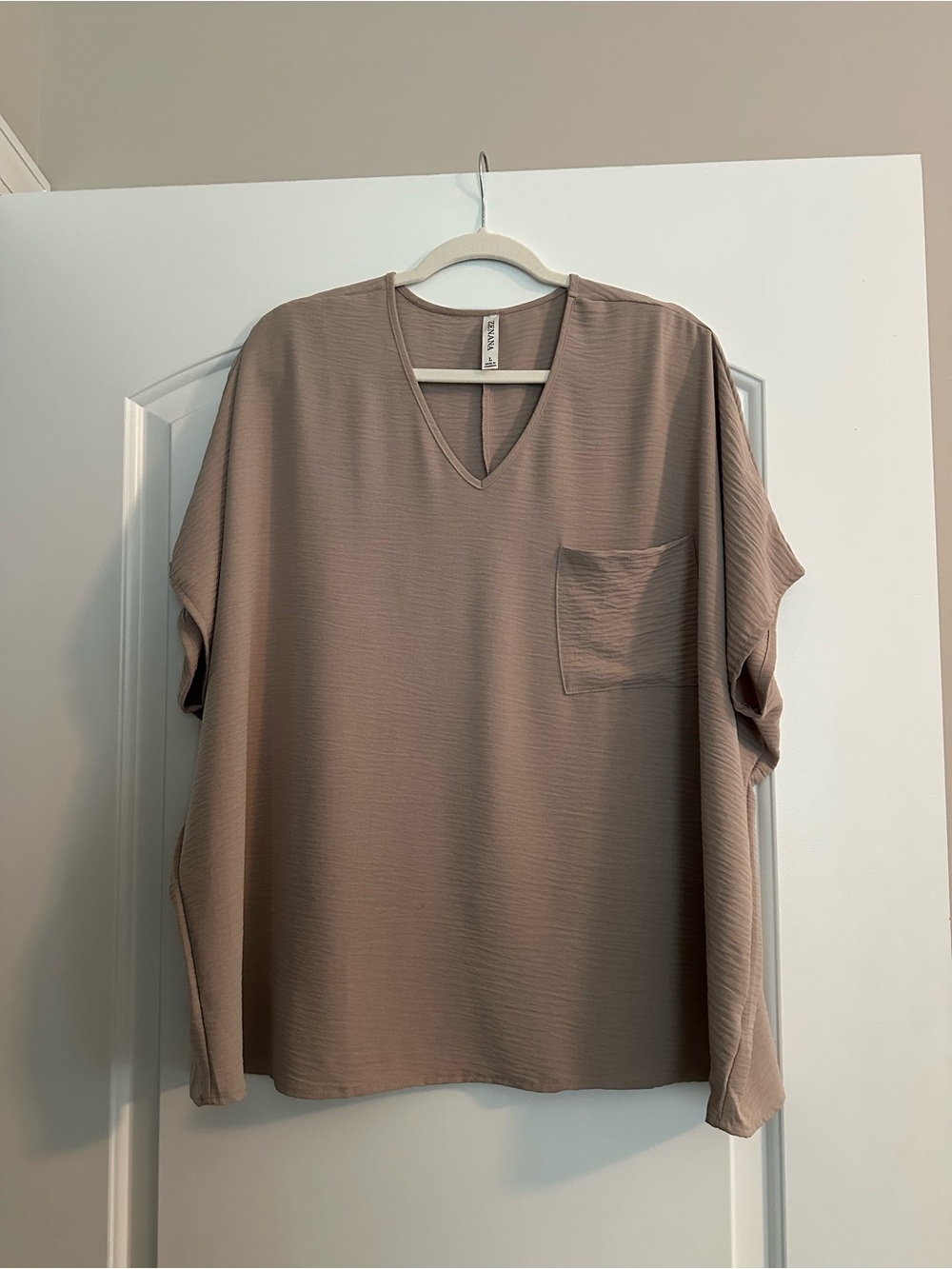 ZENANA Neutral V-Neck Pocket Blouse - Taupe